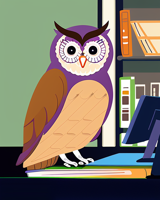 purple-owl-sitting-at-a-computer-in-the-library